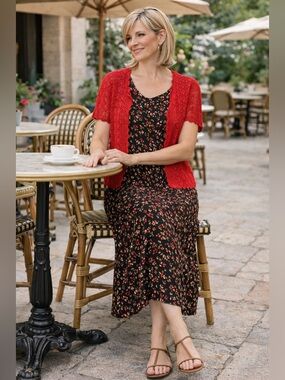 Dress Barn Dress with Red Crochet Short Sleeve Open Cardigan. Size 8